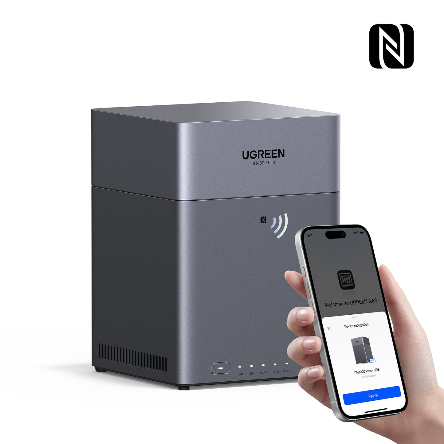 UGREEN DH4300 4-Bay-NAS-Speicher Nutzen Sie NFC für nahtloses Herunterladen der App, sofortige Geräte-Registrierung & Bindung in einem einzigen geschmeidigen Schritt.