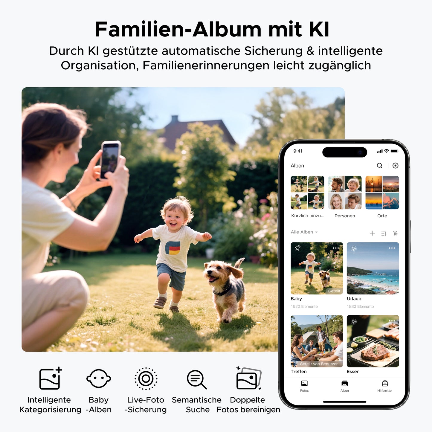 UGREEN DH4300 4-Bay-NAS-Speicher – KI-Fotoalbum organisiert Fotos automatisch nach Gesichtern, Szenen und Orten.