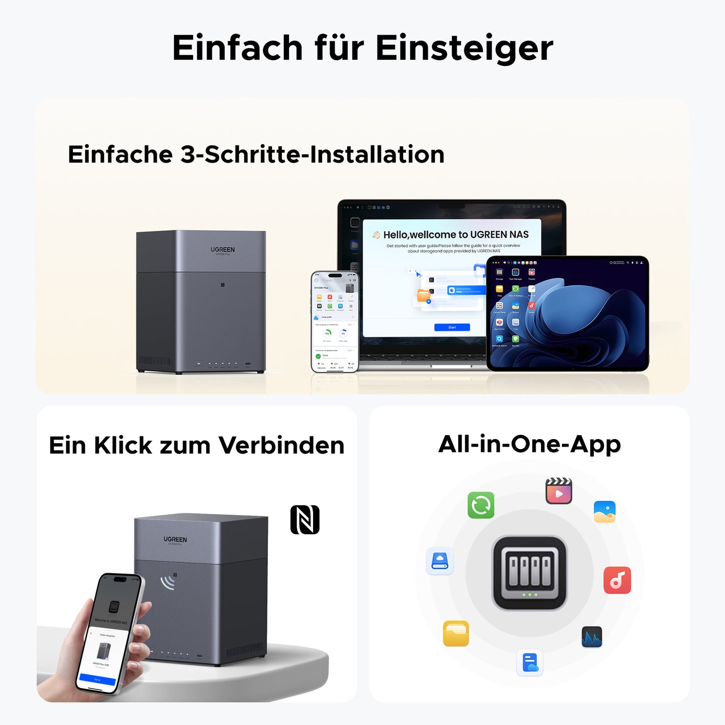 UGREEN DH4300 Plus NAS-Speicher mit NFC-Verbindung, einfacher 3-Schritt-Installation und All-in-One-App-Vorteilen.