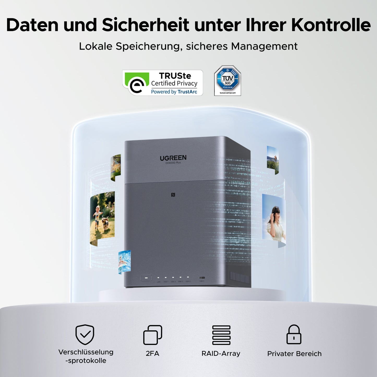 UGREEN DH4300 Plus NAS-Speicher Mit den doppelten internationalen Zertifizierungen von TÜV und TRUSTe ist Ihre Datenspeicherung sicher und gesichert.