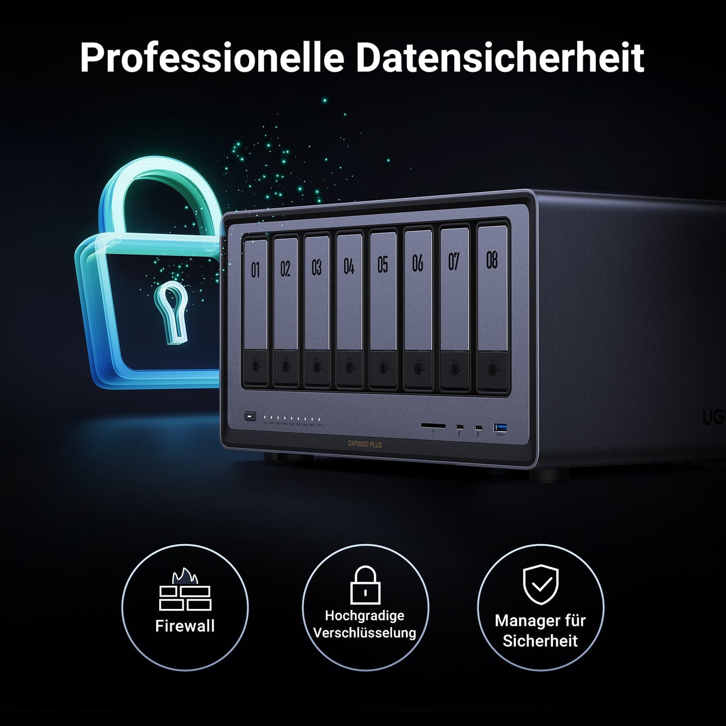 UGREEN 8 bay NAS Storage Professional Datensicherheit: Firewall, hochgradige Verschlüsselung und Sicherheitsmanager, das Gerät verfügt über leistungsstarke Sicherheitsfunktionen.