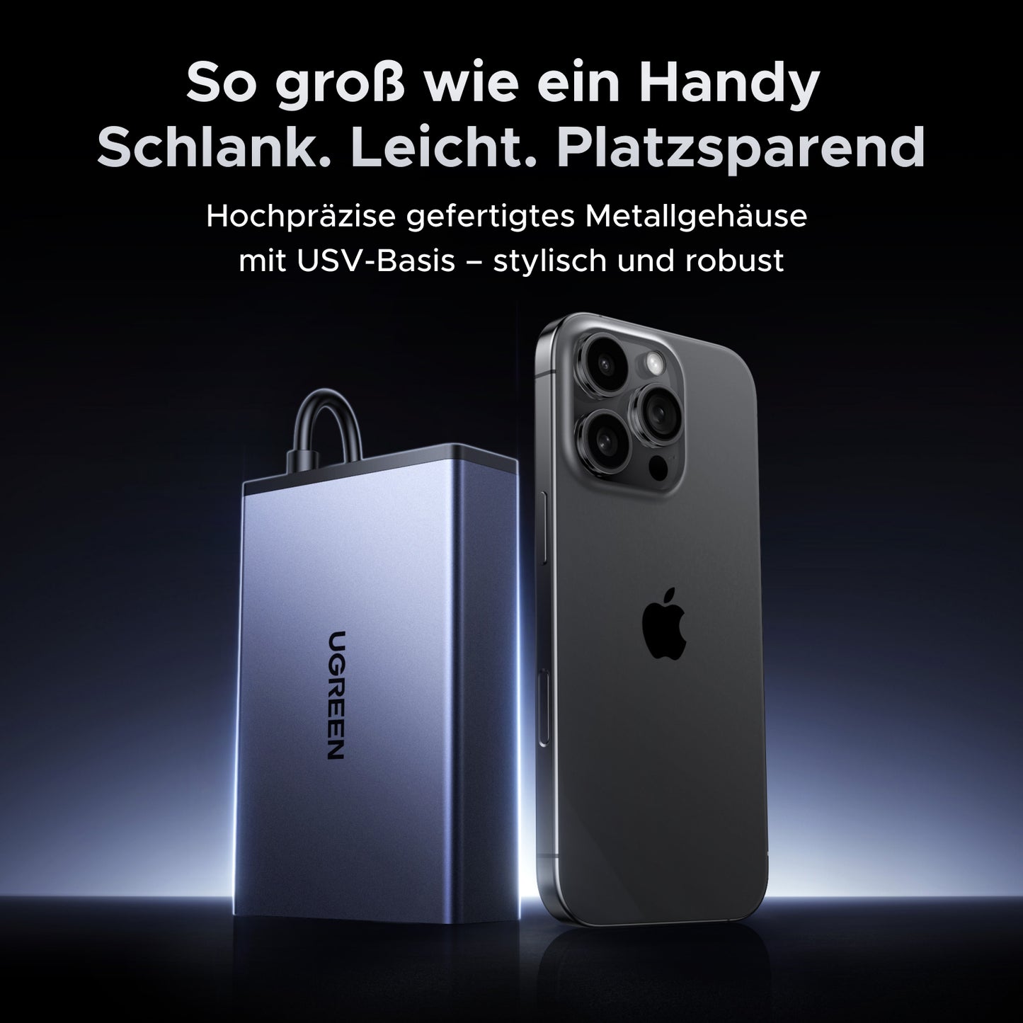 USV unterbrechungsfreie Stromversorgung so groß wie ein iPhone, schlank, leicht und platzsparend. Hochpräzises Metallgehäuse mit USV-Basis – stilisch und robust.