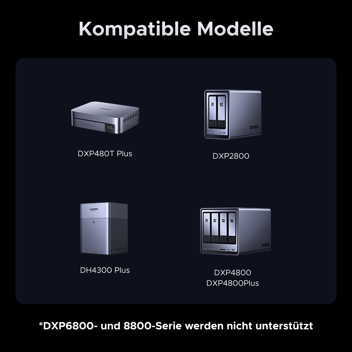 UGREEN USV unterstützte NAS-Modelle: DXP480T Plus, DXP2800, DH4300 Plus, DXP4800, DXP4800Plus. Hinweis: DXP6800- und 8800-Serien werden nicht unterstützt.
