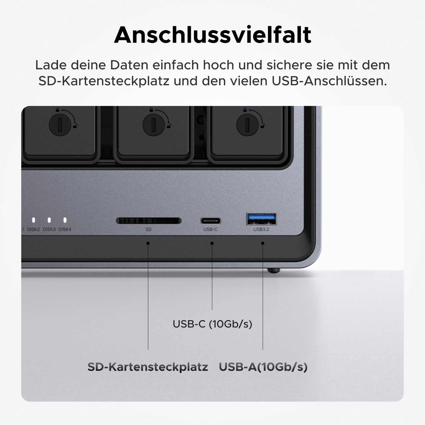 UGREEN 4bay NAS Speicher Anschlussvielfalt: USB-C 10Gb/s, SD-Kartensteckplatz & Hochgeschwindigkeits-USB-Ports für flexible Datensicherung