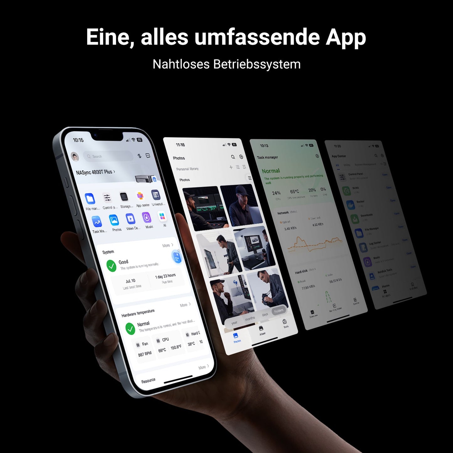 UGREEN All-Flash-NAS-Speicher Dedizierte plattformübergreifende Software. Der Bildschirm zeigt verschiedene App-Bereiche wie Suche, Fotos, Task-Manager und Systemstatus mit Details wie Hardware-Temperatur und CPU-Auslastung.
