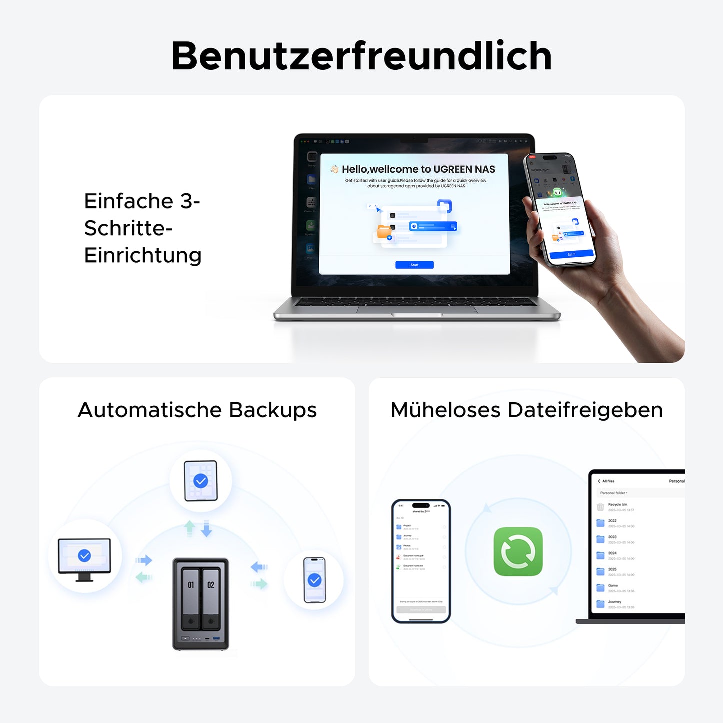 UGREEN NAS Speicher: Benutzerfreundliche 3-Schritte-Einrichtung und automatische Backups für müheloses Dateimanagement