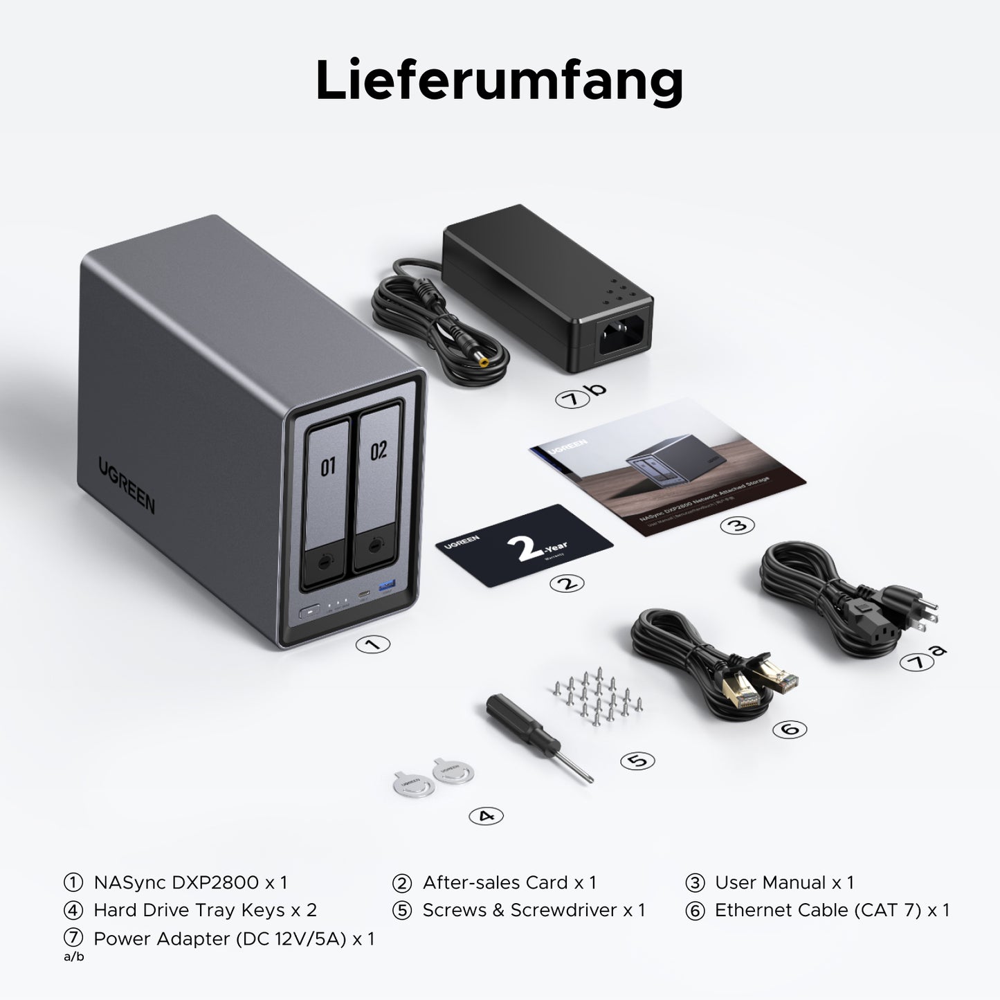 UGREEN NAS Speicher DXP2800 Lieferumfang: NAS-Gerät, Netzteil, Festplattenschlüssel, CAT7-Kabel, Schraubenset und Bedienungsanleitung