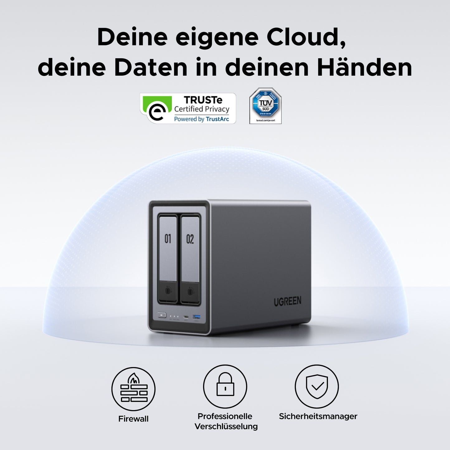 UGREEN NAS Speicher als private Cloud: TRUSTe-zertifizierter Datenschutz, TÜV-geprüfte Sicherheit mit Firewall und professioneller Verschlüsselung