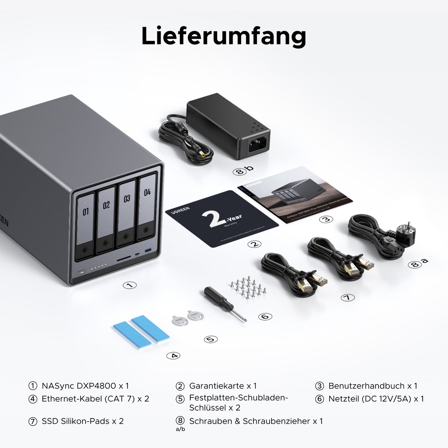 UGREEN NASync DXP4800 Lieferumfang: NAS-Gerät, CAT7-Kabel, Netzteil, Festplattenschlüssel & Zubehör für sofortigen Betrieb