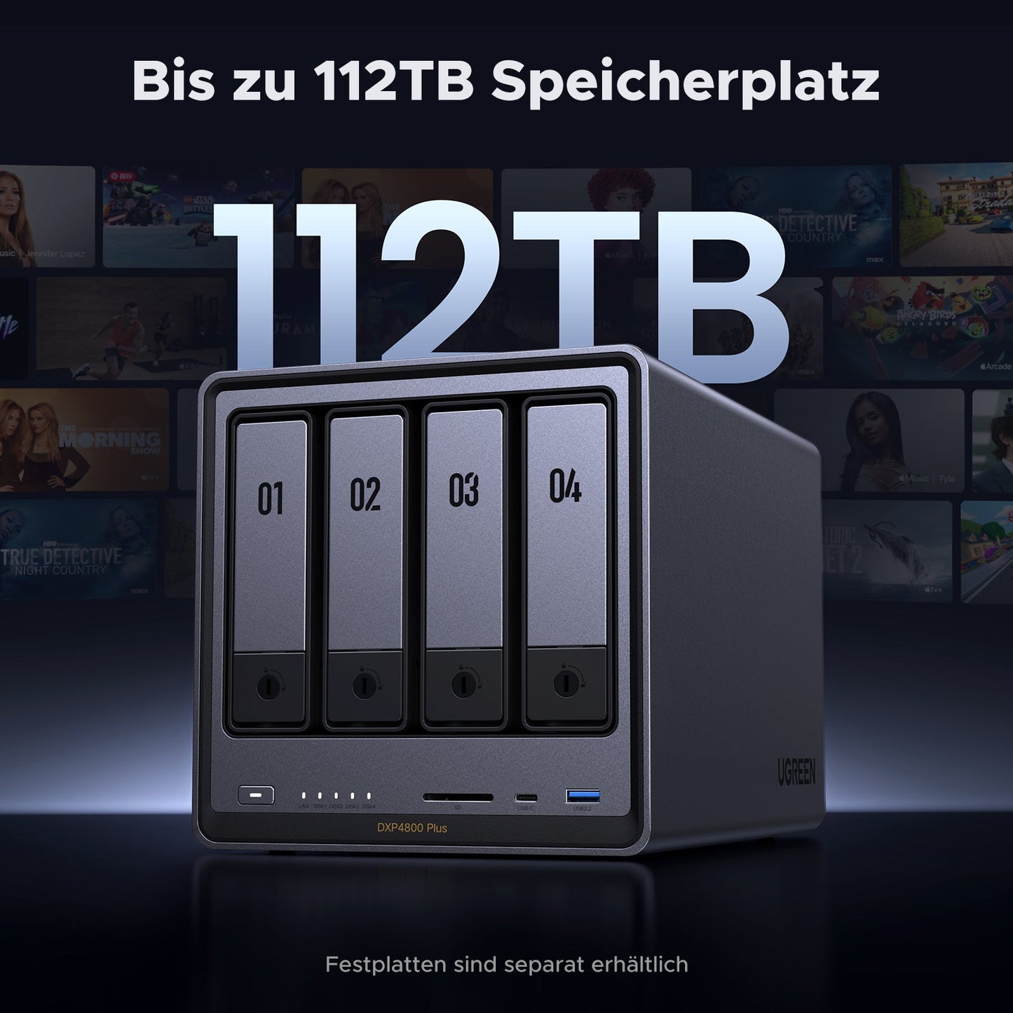 UGREEN 4-Bay NAS-Speicher Plus-Gerät mit bis zu 112 TB Speicherplatz.