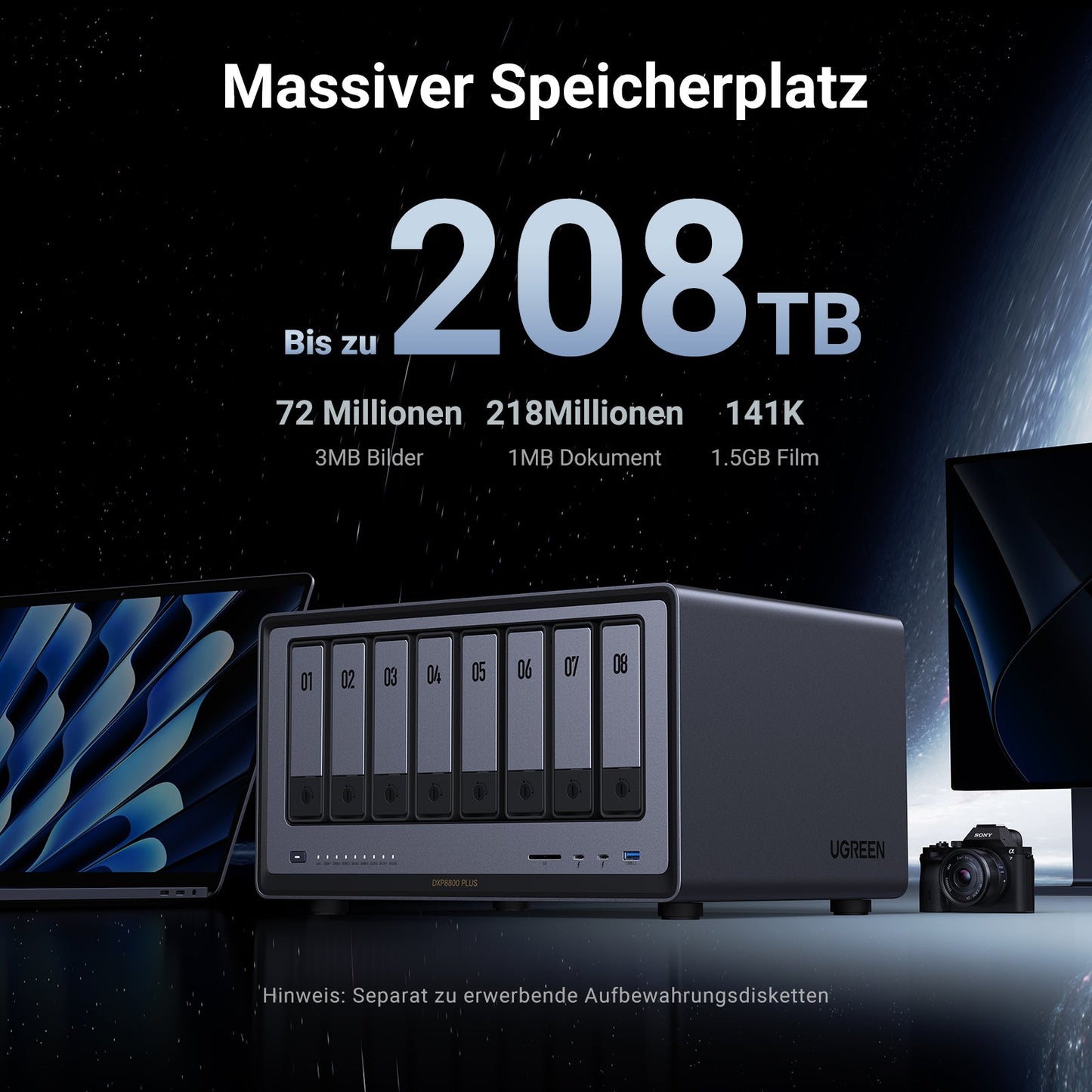 UGREEN 8 Bucht NAS-Speicher bis zu 208 TB. Das entspricht der Möglichkeit zu speichern: 72 Millionen 3MB Bilder, 218 Millionen 1MB Dateien und 141K 1,5GB Filme. 