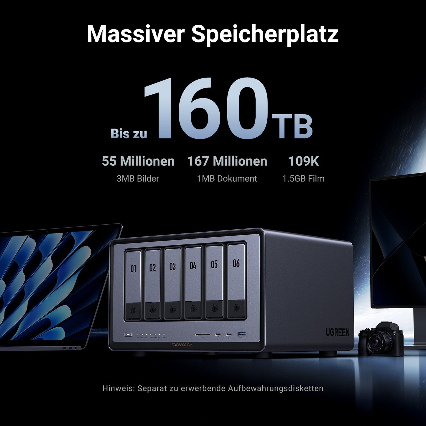 UGREEN 6-Bay-NAS-Speicher bis zu 160TB. Das entspricht der Möglichkeit zu speichern: 55 Millionen 3MB Bilder, 167 Millionen 1MB Dateien und 109K 1,5GB Filme. 