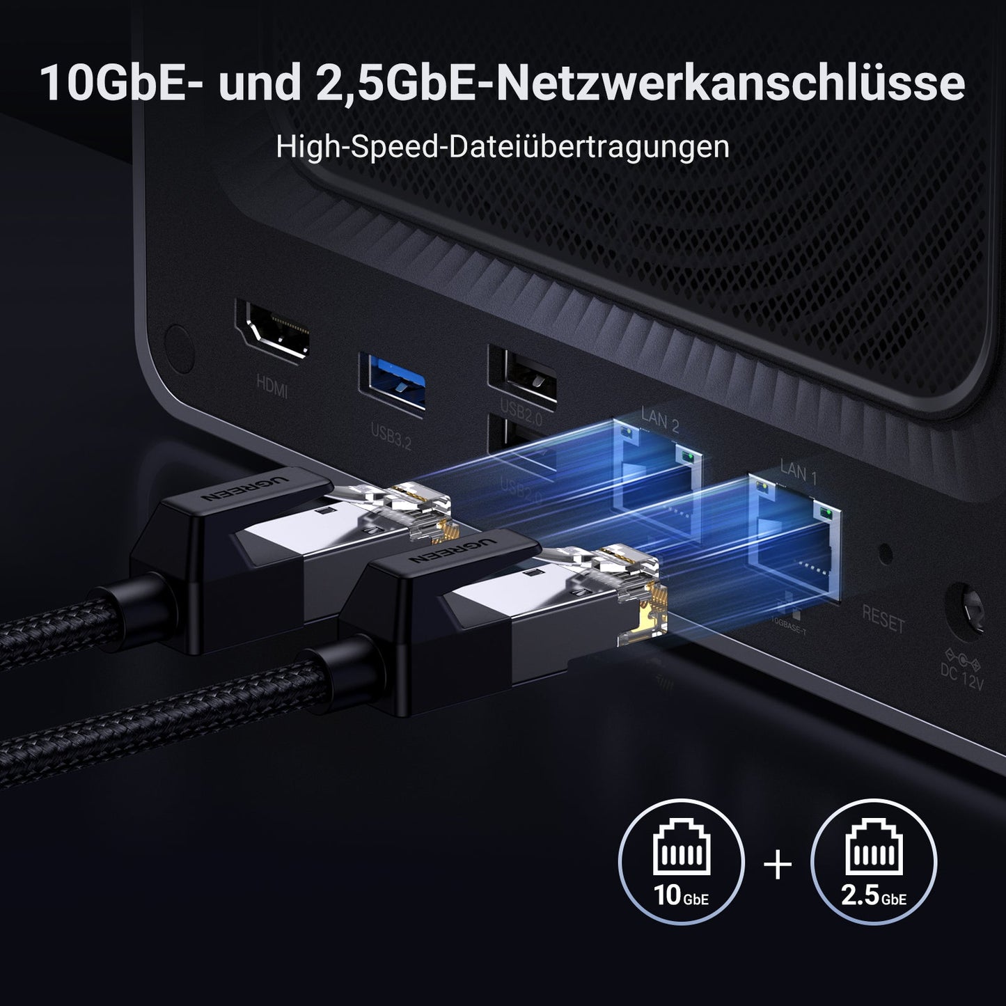 UGREEN 4-Bay NAS-Speicher Plus-Gerät mit einem ultraschnellen dualen 2,5GbE-Netzwerkanschluss. Genießen Sie blitzschnelle Dateiübertragungen ohne Wartezeiten.