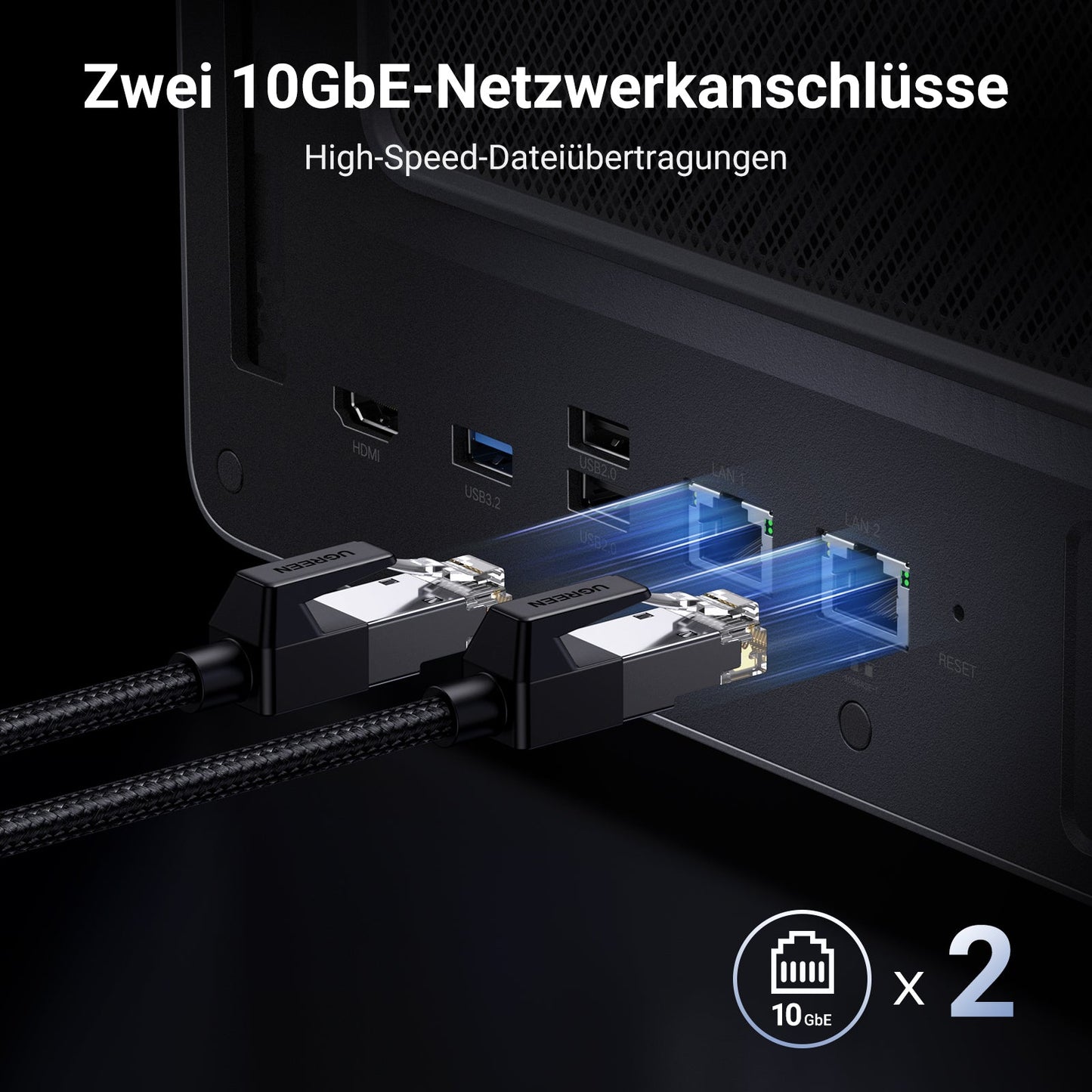 UGREEN NAS-Speichergerät mit 6 Einschüben und einem ultraschnellen dualen 10GbE-Netzwerkanschluss. Genießen Sie blitzschnelle Dateiübertragungen ohne Wartezeit.