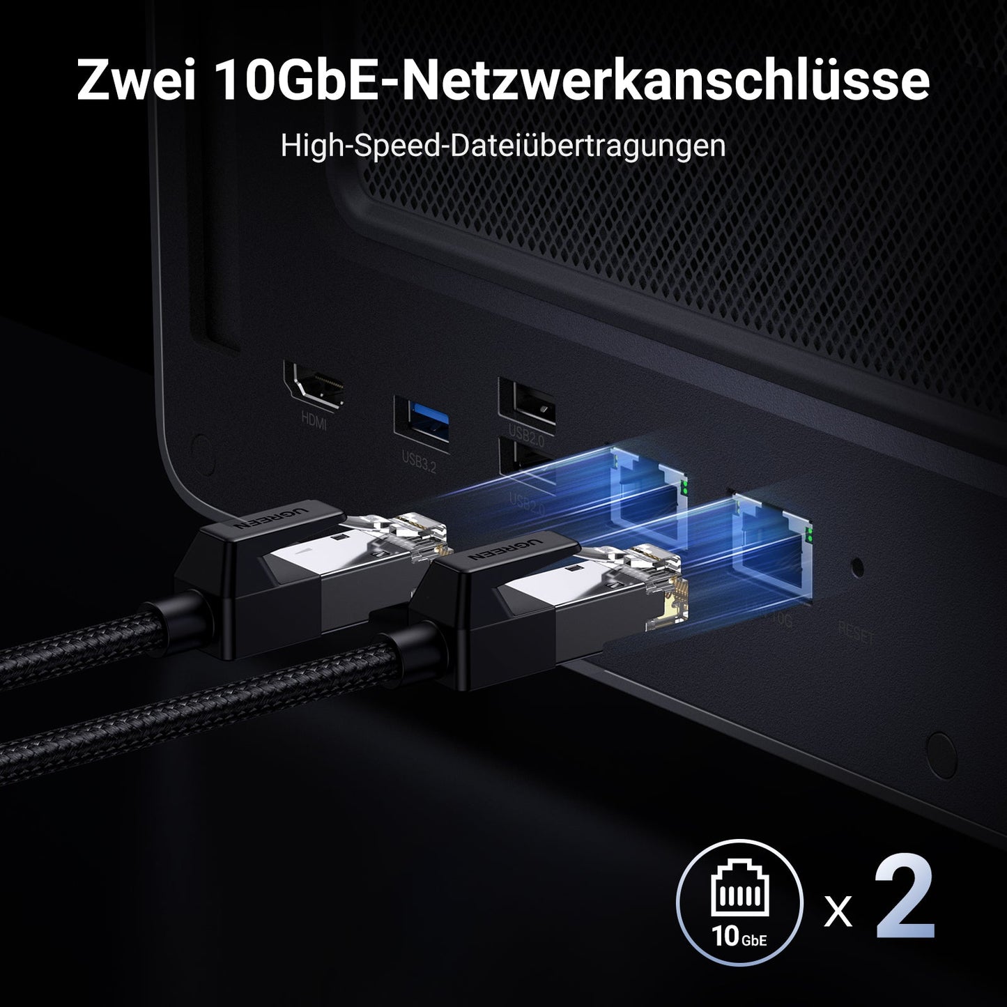 UGREEN 8-Bay-NAS-Speichergerät mit einem ultraschnellen dualen 10GbE-Netzwerkanschluss. Genießen Sie blitzschnelle Dateiübertragungen ohne Wartezeit.