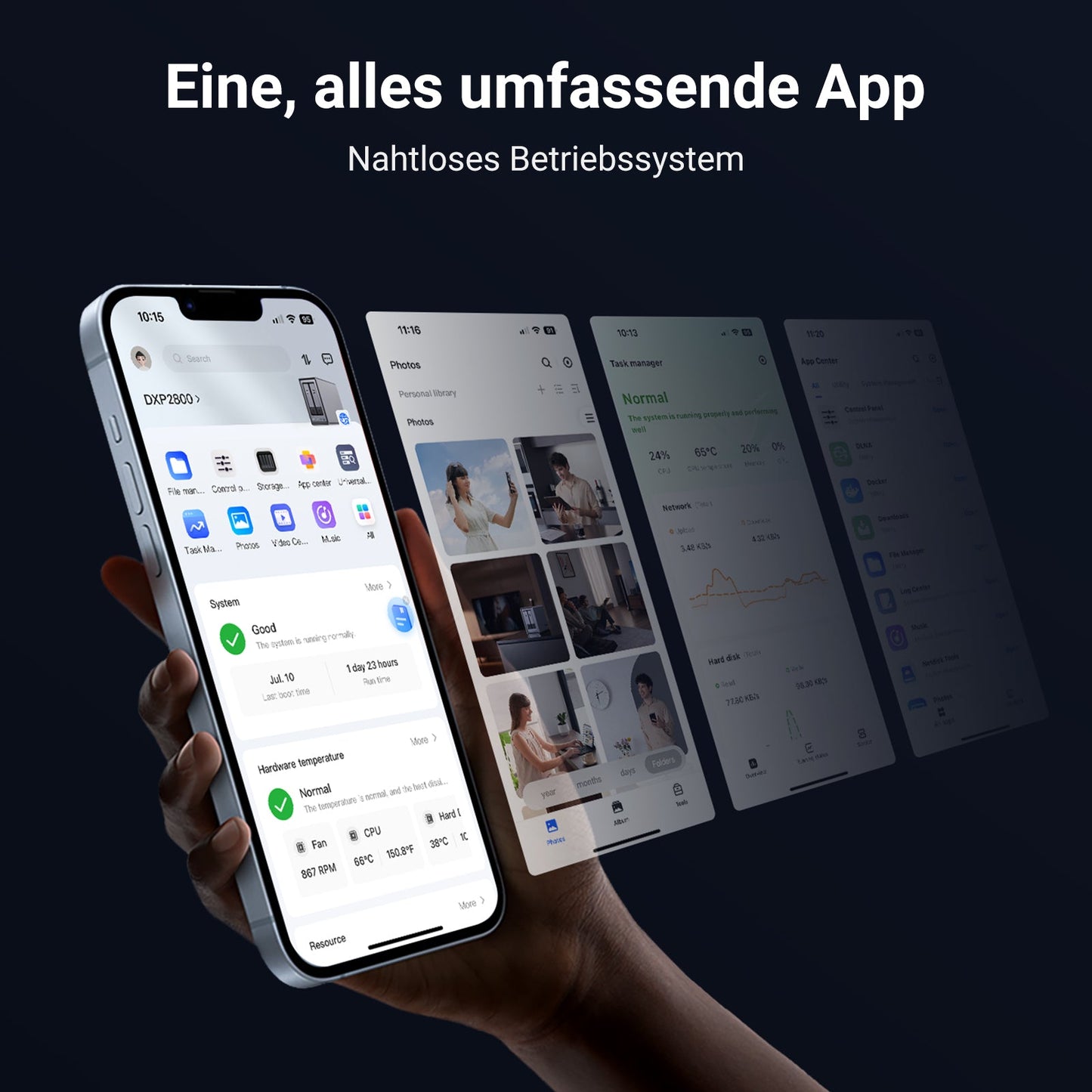 Das UGREEN 2-Bay NAS -Speichergerät hat eine plattformübergreifende App - Schnittstelle. Auf dem Bildschirm werden verschiedene App - Abschnitte angezeigt, wie Suche, Fotos, Aufgabenmanager und Systemstatus mit Details wie Hardwaretemperatur und CPU - Auslastung.