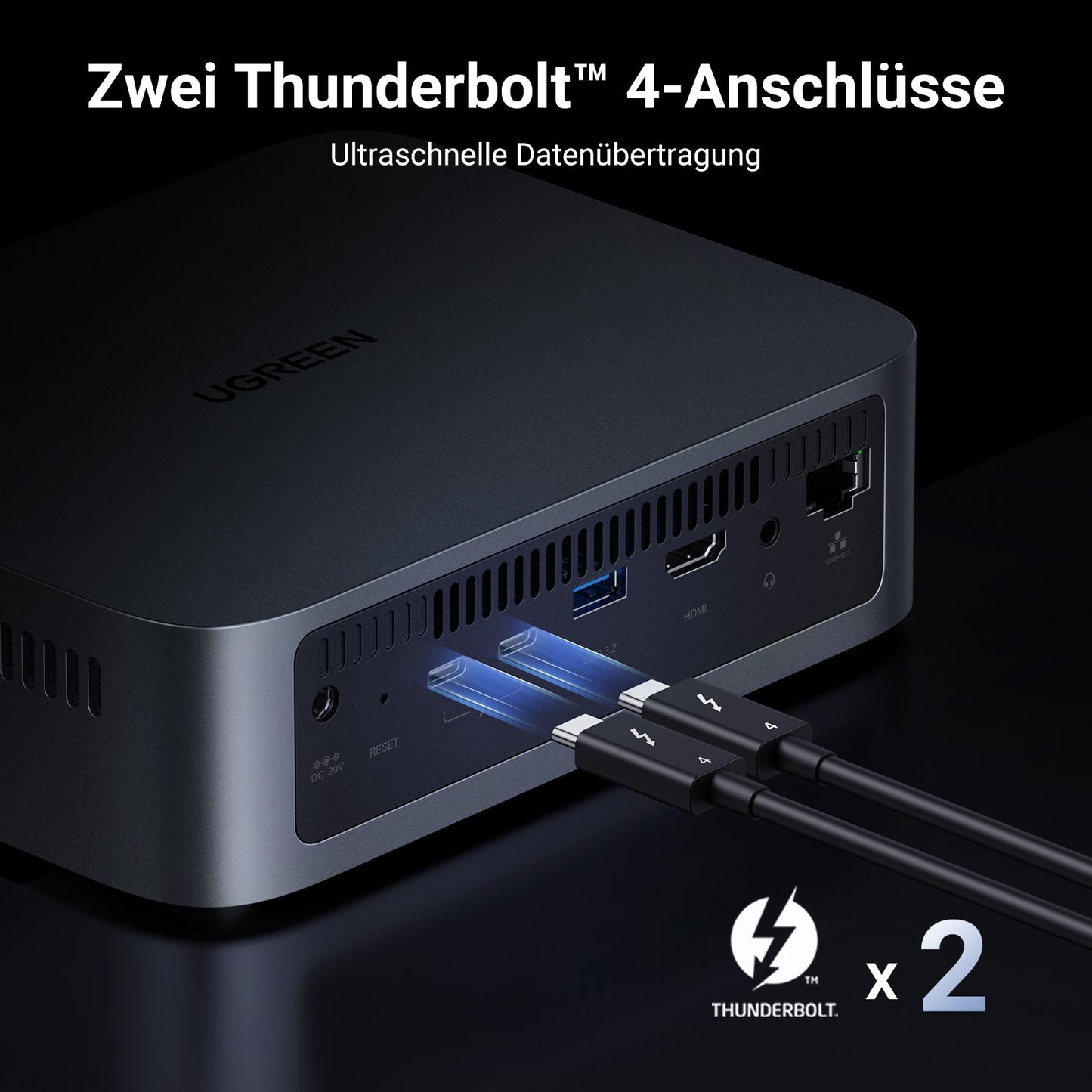 UGREEN All-Flash NAS-Speicher ist mit zwei Thunderbolt™ 4-Anschlüssen ausgestattet.