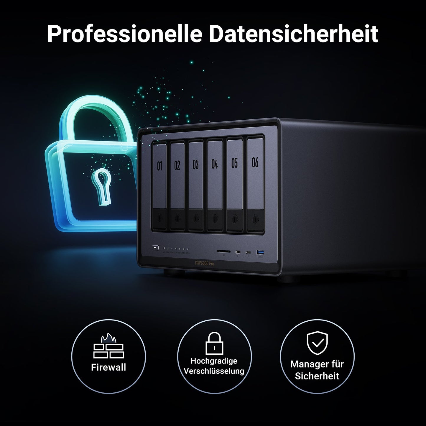 UGREEN 6-Bay-NAS-Speicher – Professionelle Datensicherheit: Firewall, Hochfeste Verschlüsselung und Sicherheitsmanager. Das Gerät verfügt über leistungsstarke Sicherheitsfunktionen.