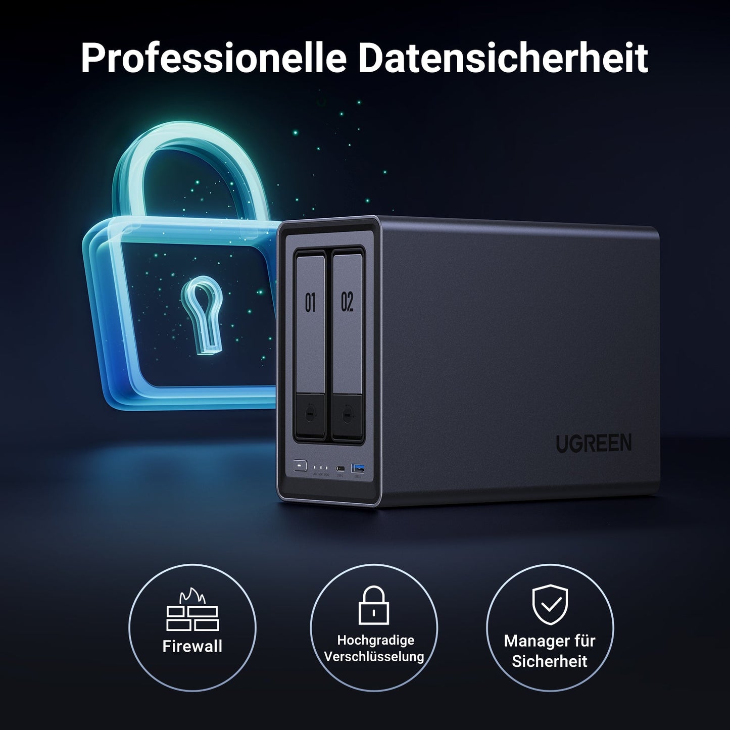 Das UGREEN 2-Bay NAS -Speichergerät bietet professionelle Datensicherheit: Firewall, Hochstärkige Verschlüsselung und Sicherheitsmanager. Das Gerät verfügt über leistungsstarke Sicherheitsfunktionen.