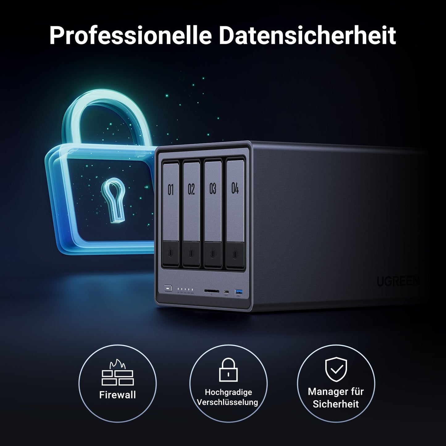 UGREEN 4-Bay NAS -Speichergerät bietet professionelle Datensicherheit: Mit Firewall, hochstarker Verschlüsselung und Sicherheitsmanager verfügt das Gerät über leistungsstarke Sicherheitsmerkmale.