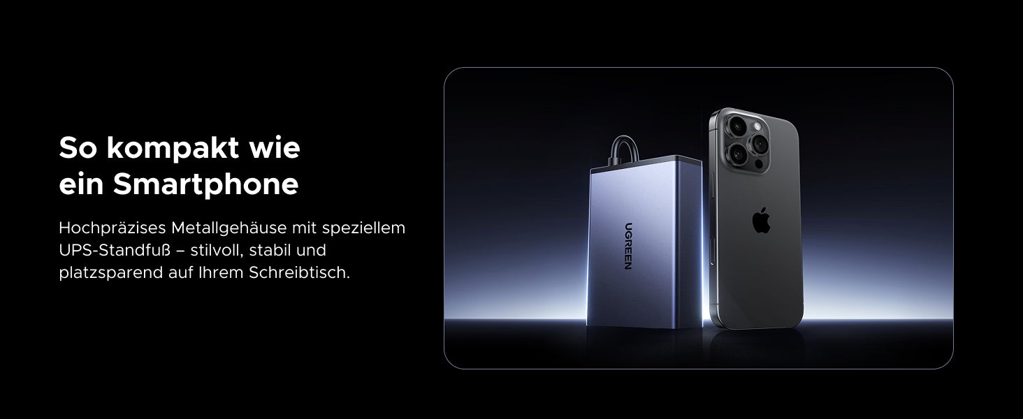 USV unterbrechungsfreie Stromversorgung so groß wie ein iPhone, schlank, leicht und platzsparend. Hochpräzises Metallgehäuse mit USV-Basis – stilisch und robust.