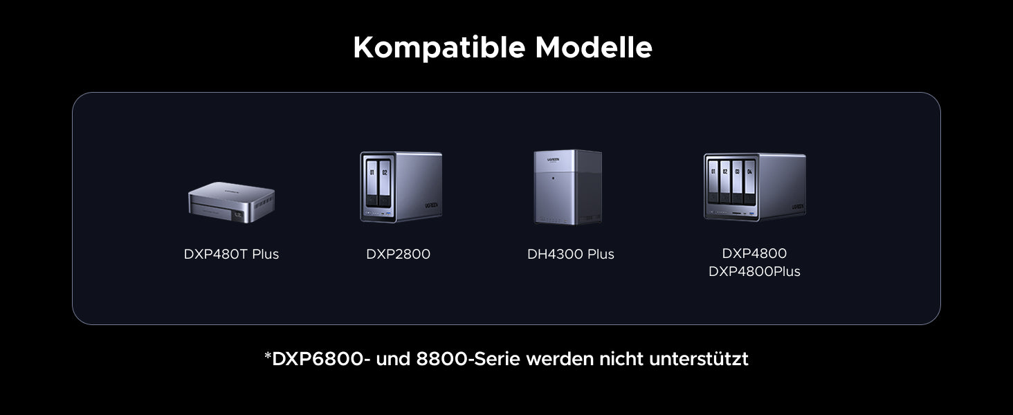 UGREEN USV unterstützte NAS-Modelle: DXP480T Plus, DXP2800, DH4300 Plus, DXP4800, DXP4800Plus. Hinweis: DXP6800- und 8800-Serien werden nicht unterstützt.