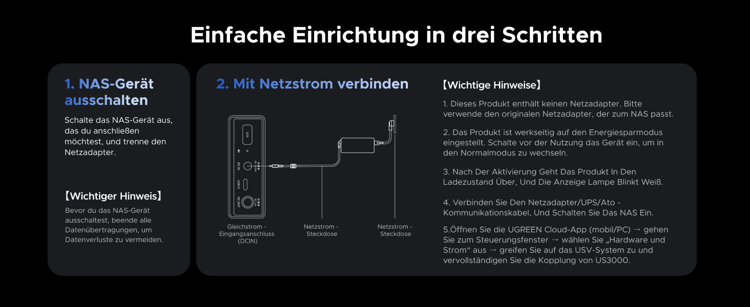 UGREEN NAS USV unterbrechungsfreie Stromversorgung Anleitung für die einfache Einrichtung des NAS-Geräts in drei Schritten: Ausschalten des NAS-Geräts, Verbinden mit Netzstrom und wichtige Hinweise.